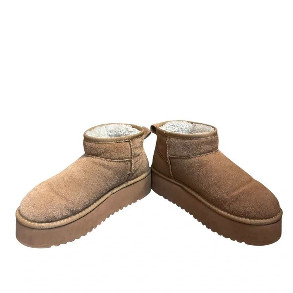 PROJECT CLOUD Suede Women’s Classic Mini Platform Lined Boots Cozy SZ 8.5 Taupe